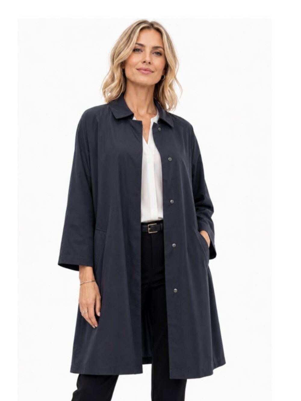 Hilary Radley Navy Blue Maxi Trench Coat Size 12 Snap Closure,
